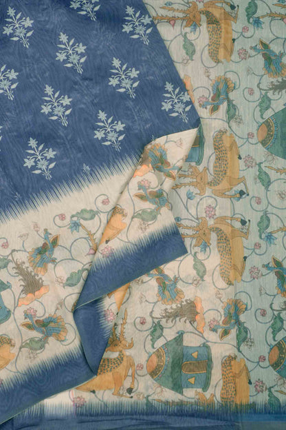 Denim Blue Semi Chanderi Pastoral Dreams Pallu Saree