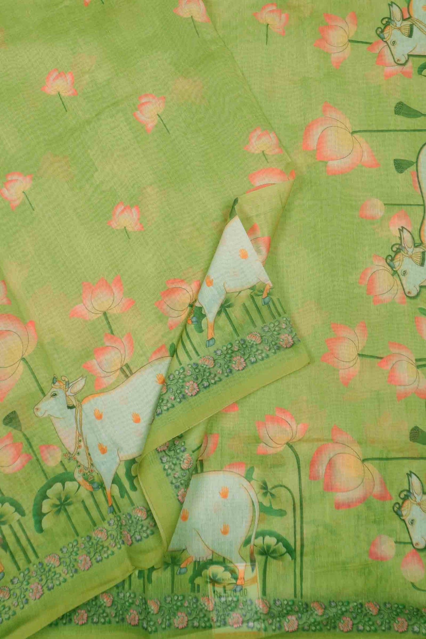 Green Semi Chanderi Pichwai Prints Saree