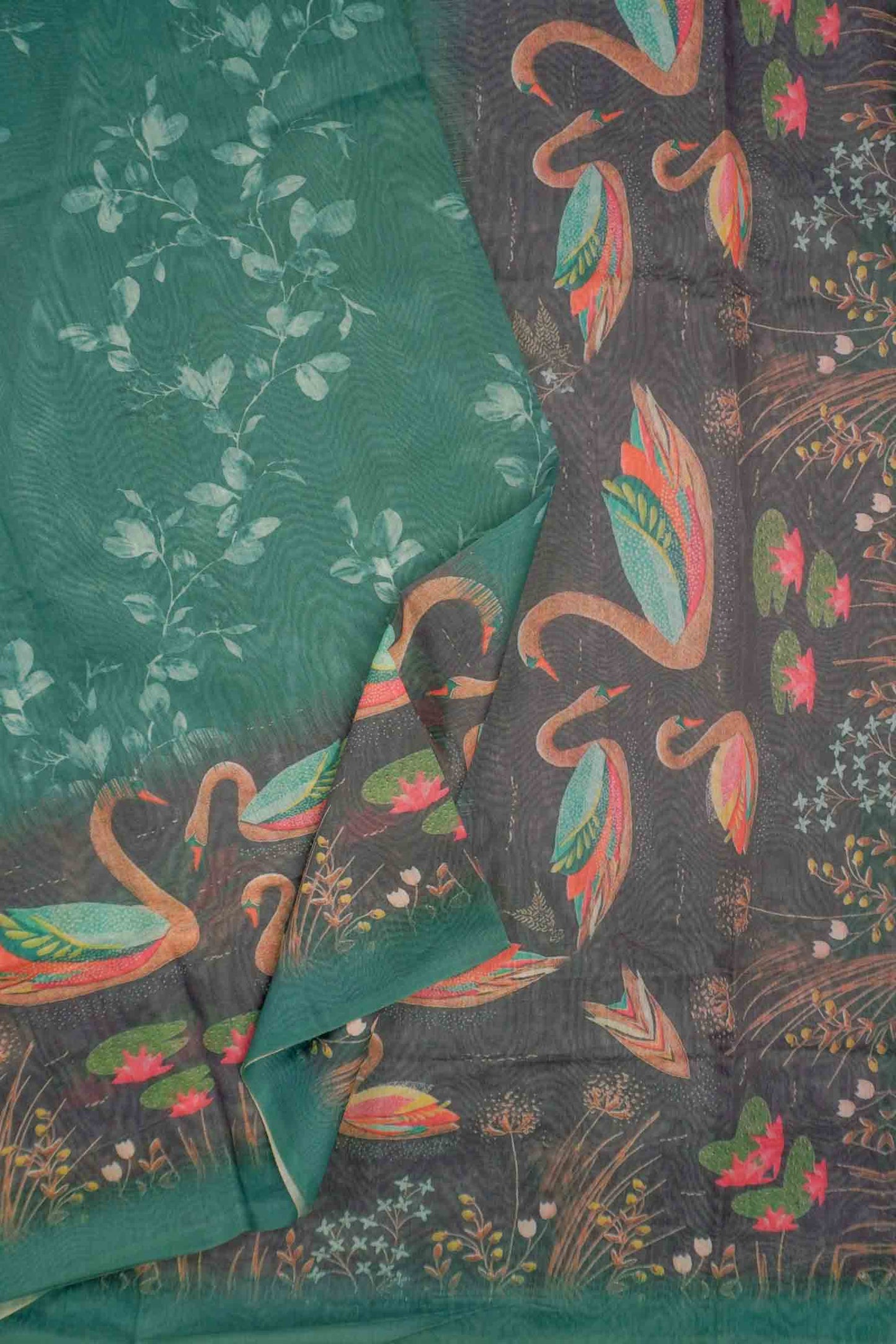 Green Semi Chanderi Pleasant Pond Print Saree