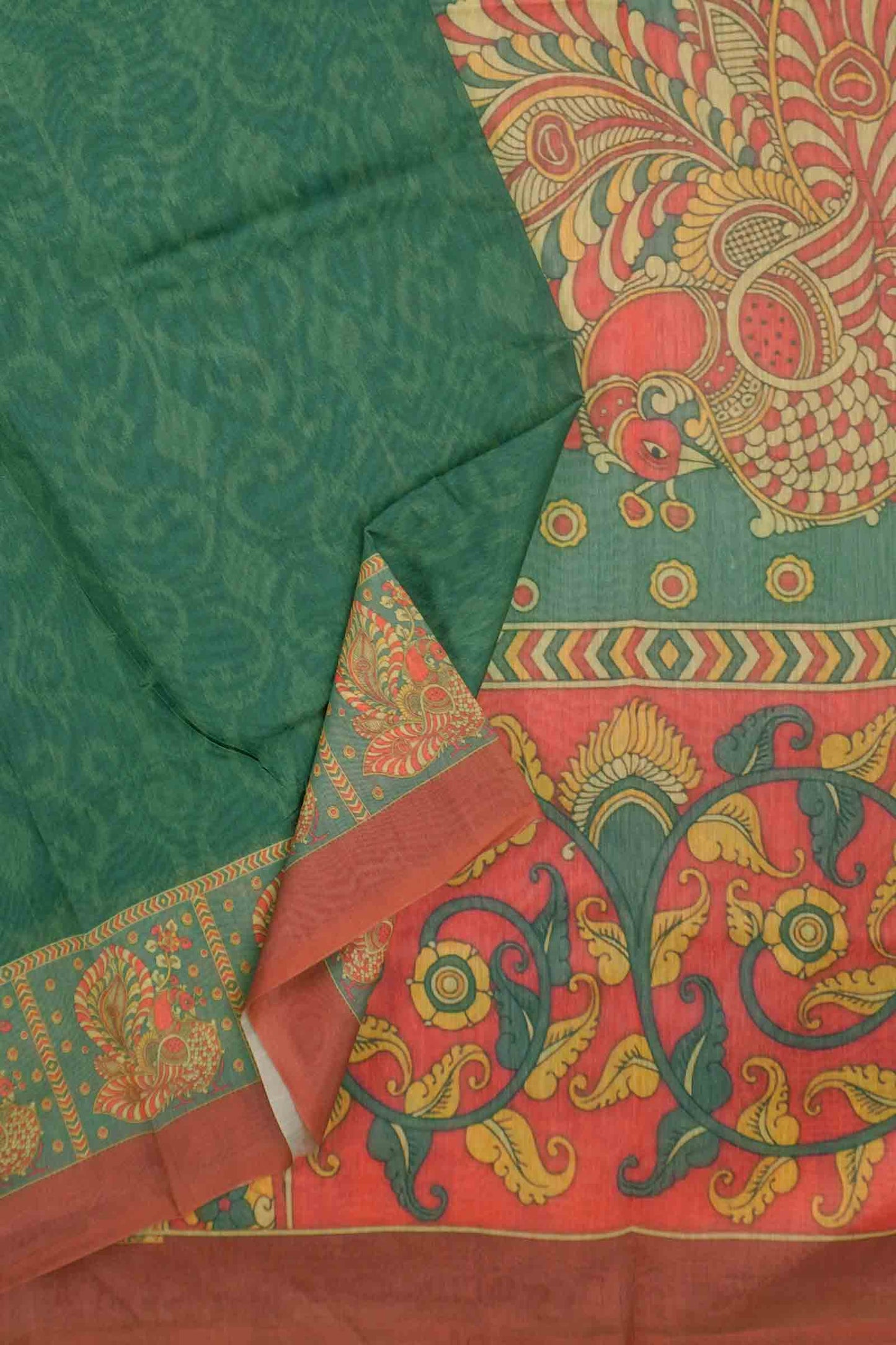 Green Semi Chanderi Floral Border Kalamkari Inspired Pallu Saree