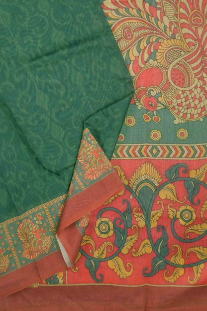Green Semi Chanderi Floral Border Kalamkari Inspired Pallu Saree