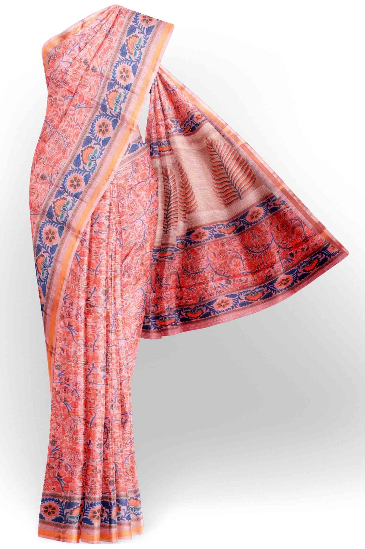Pastel Peach Block Print Inspired Cotton Self Checks Zari Border Saree