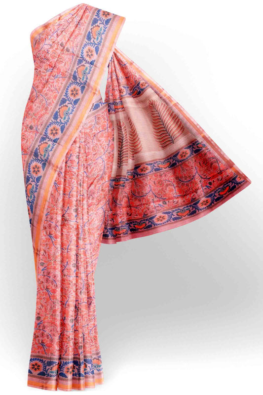 Baby Pink With Orange Floral Printed Cotton Zari Border Self Checks Saree