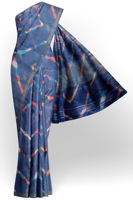 Blue Printed Cotton Leheriya Inspired ZigZag Self Checks Saree