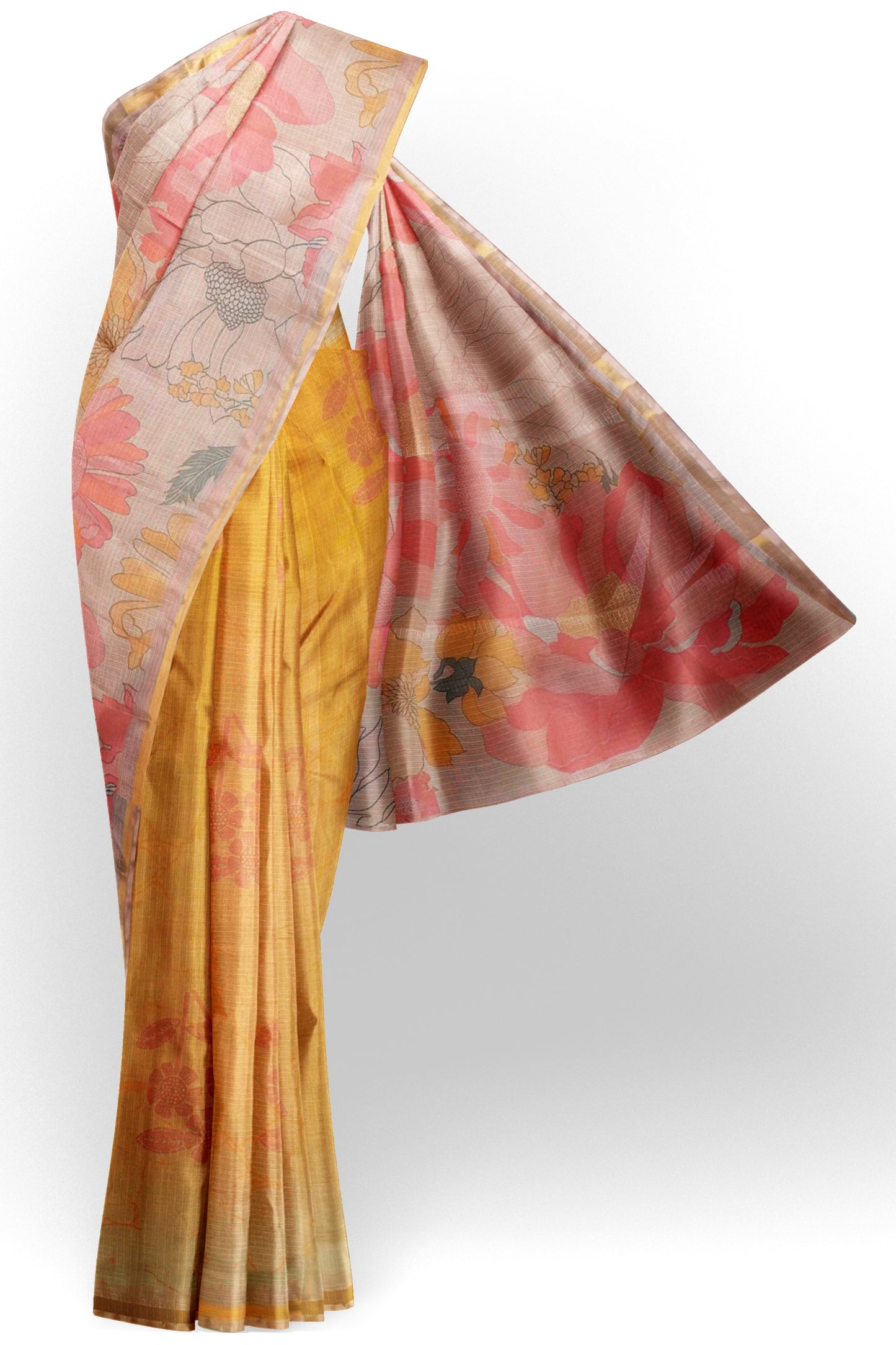 Golden Yellow Spring Florals Printed Cotton Self Checks Saree