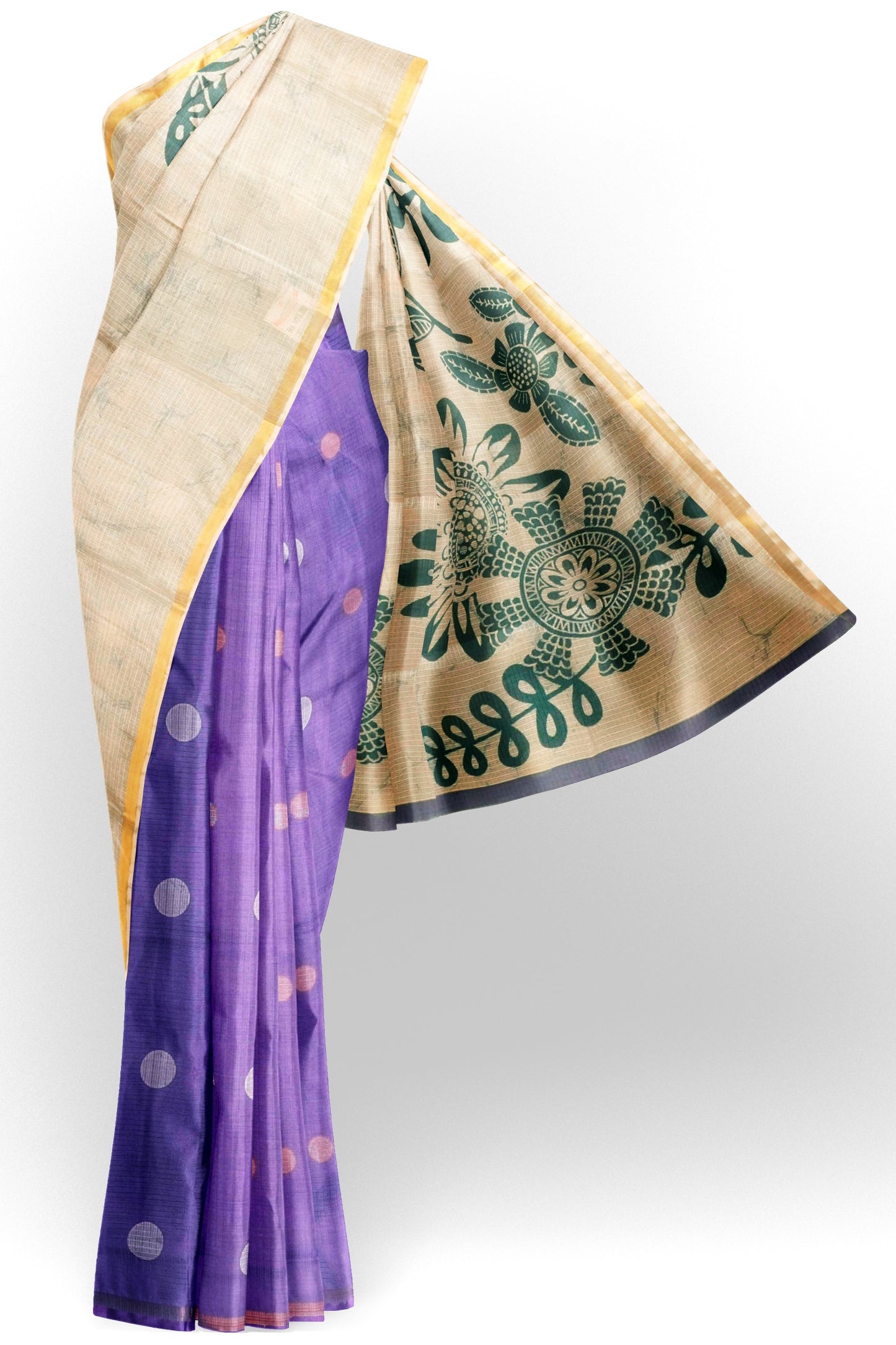 Violet Ivory Half And Half Printed Cotton Self Checks Zari Border Saree