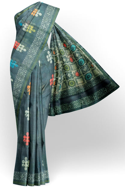Blue Green Printed Cotton Polka Self Checks Zari Border Saree