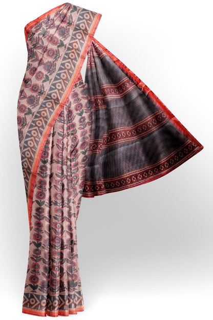 Mild Brown Jaipur Inspired Florals Printed Cotton Self Checks Saree