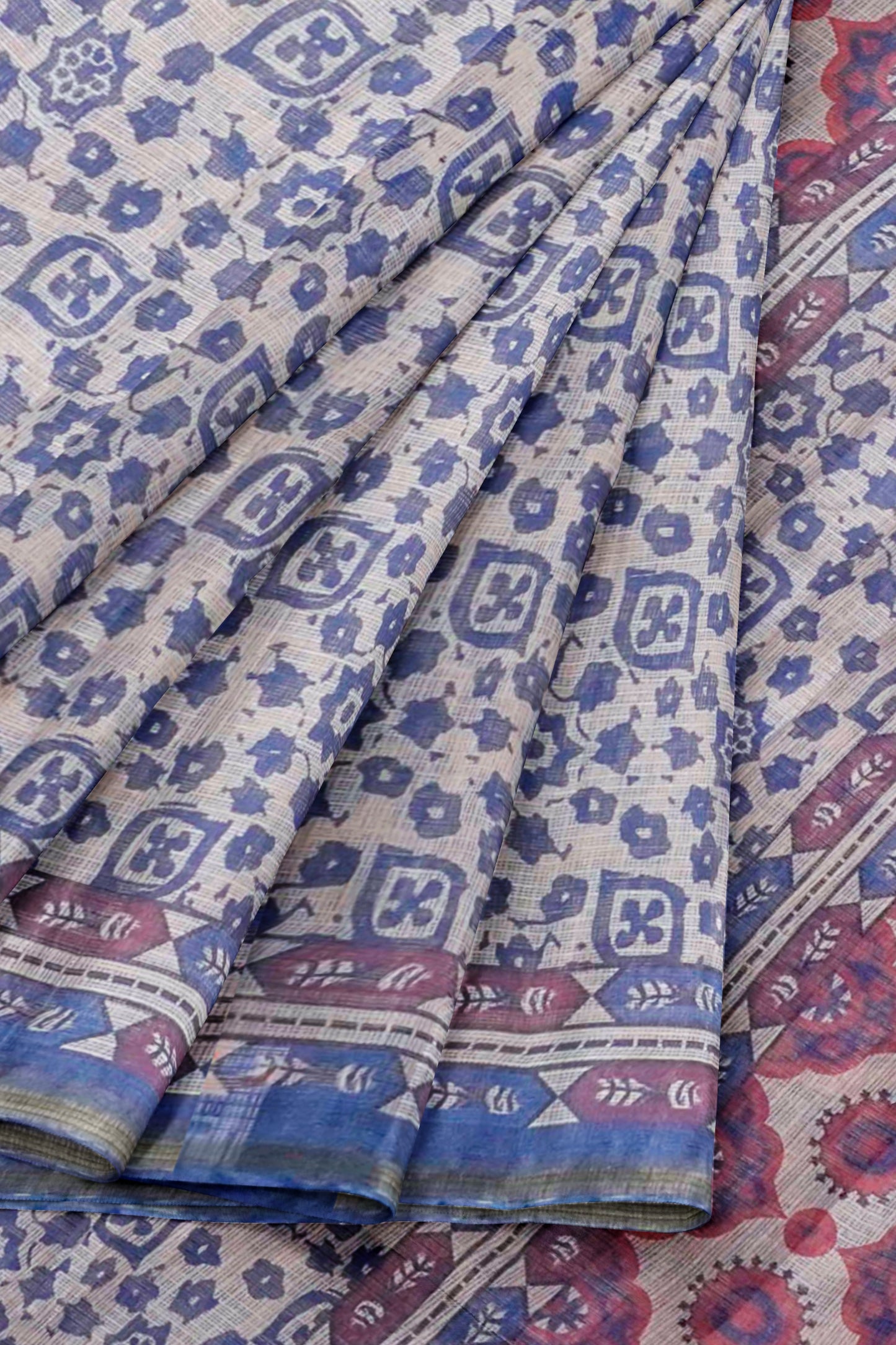 Off White Printed Cotton Floral Butta Self Checks Zari Border Saree