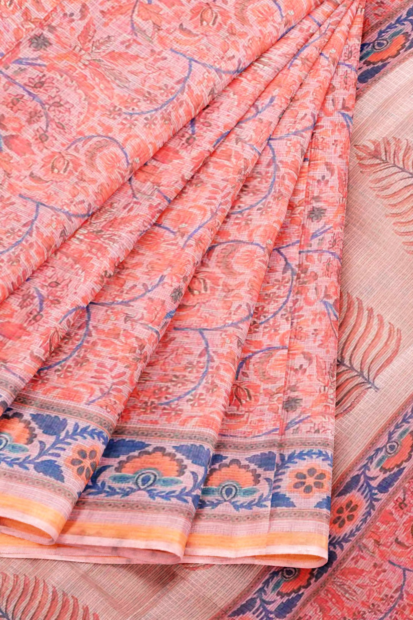Pastel Peach Block Print Inspired Cotton Self Checks Zari Border Saree