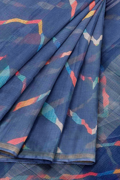 Blue Printed Cotton Leheriya Inspired ZigZag Self Checks Saree