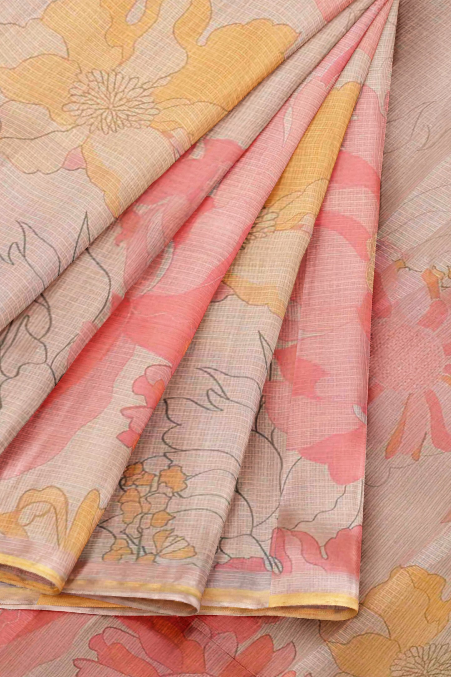 Golden Yellow Spring Florals Printed Cotton Self Checks Saree