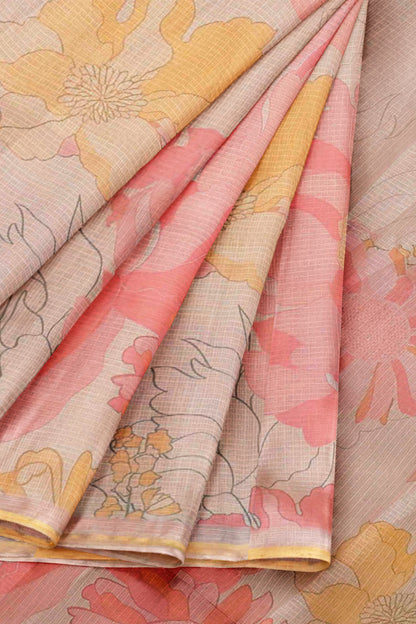 Golden Yellow Spring Florals Printed Cotton Self Checks Saree