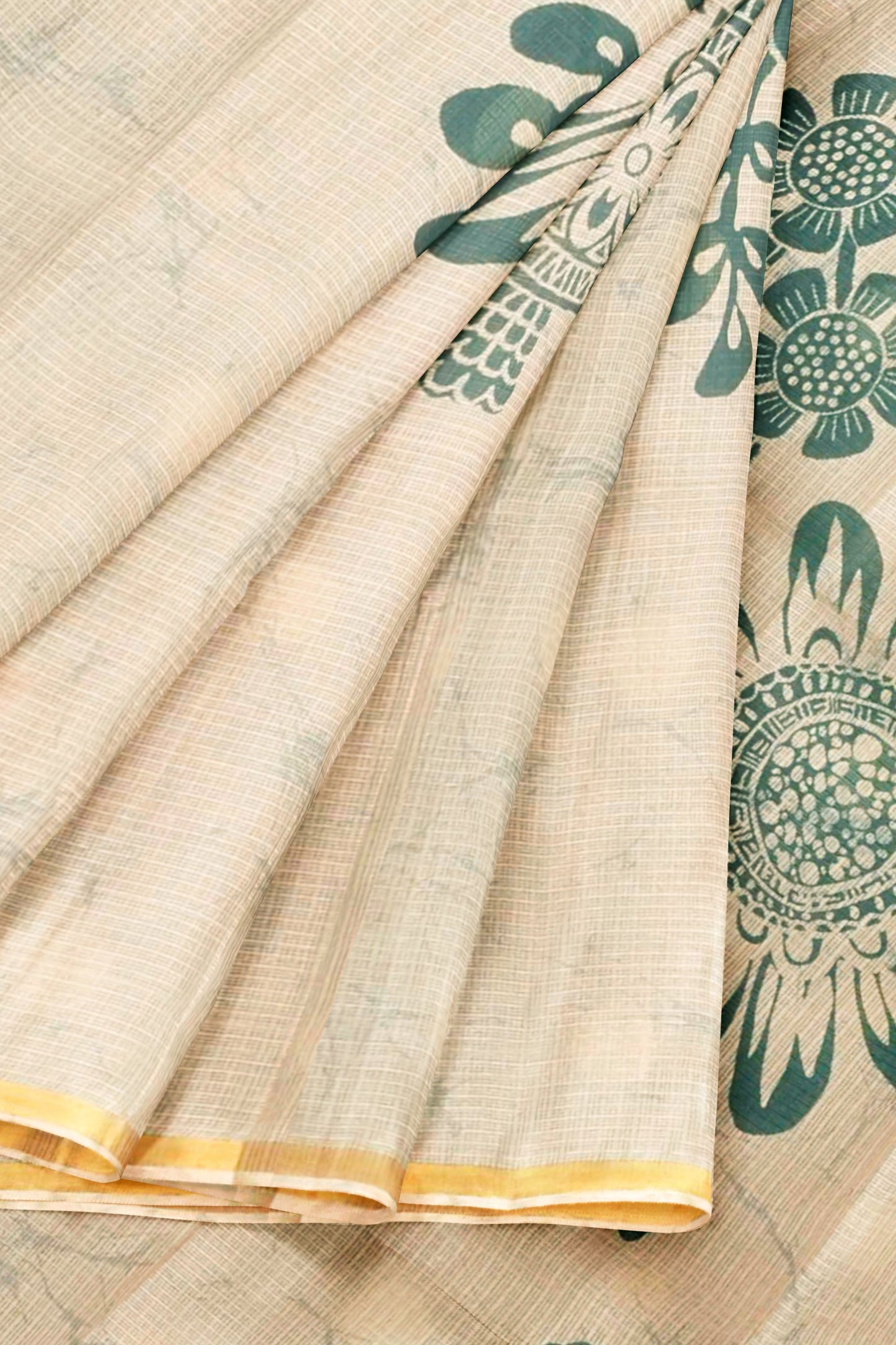 Violet Ivory Half And Half Printed Cotton Self Checks Zari Border Saree