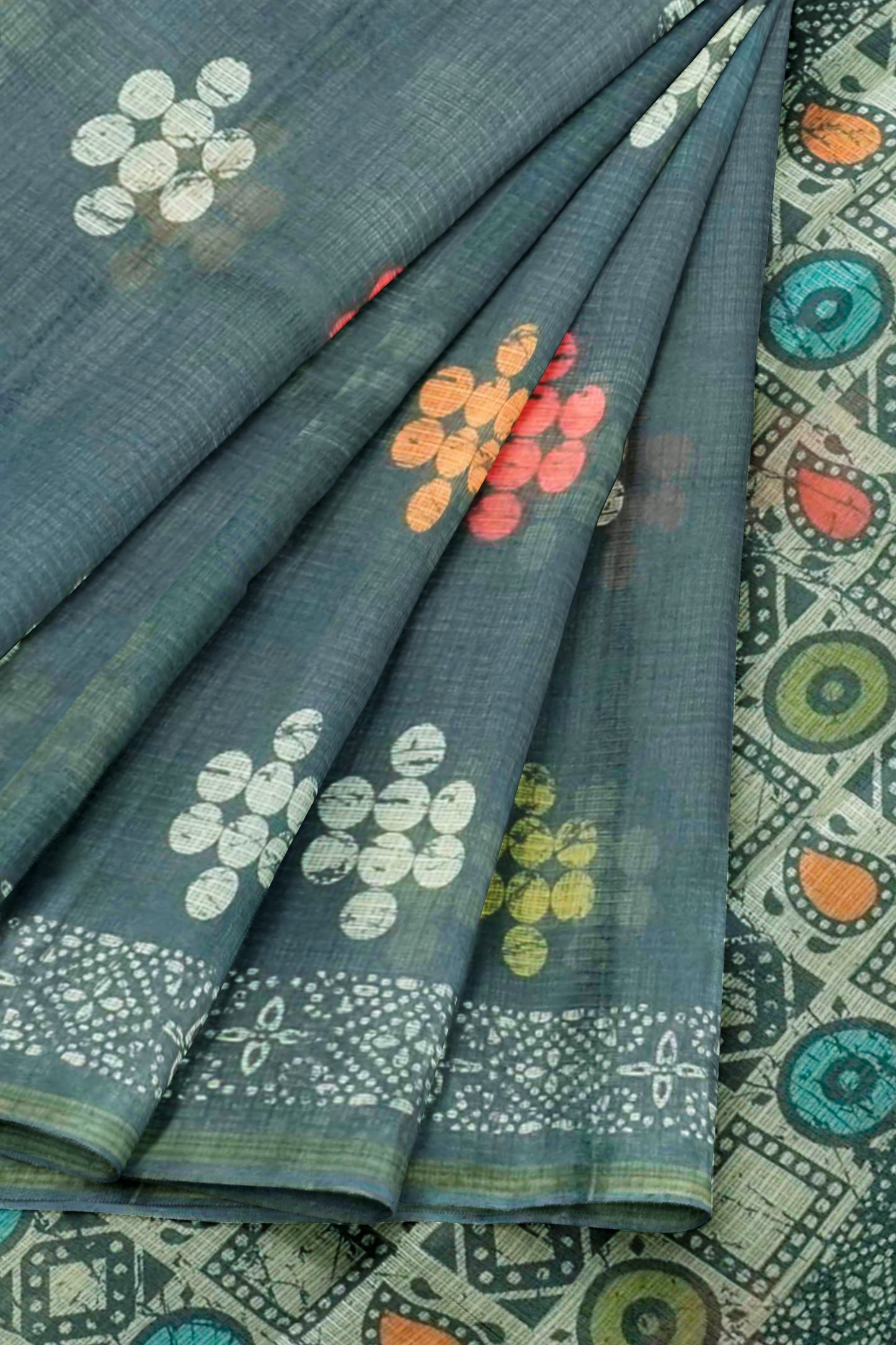 Blue Green Printed Cotton Polka Self Checks Zari Border Saree