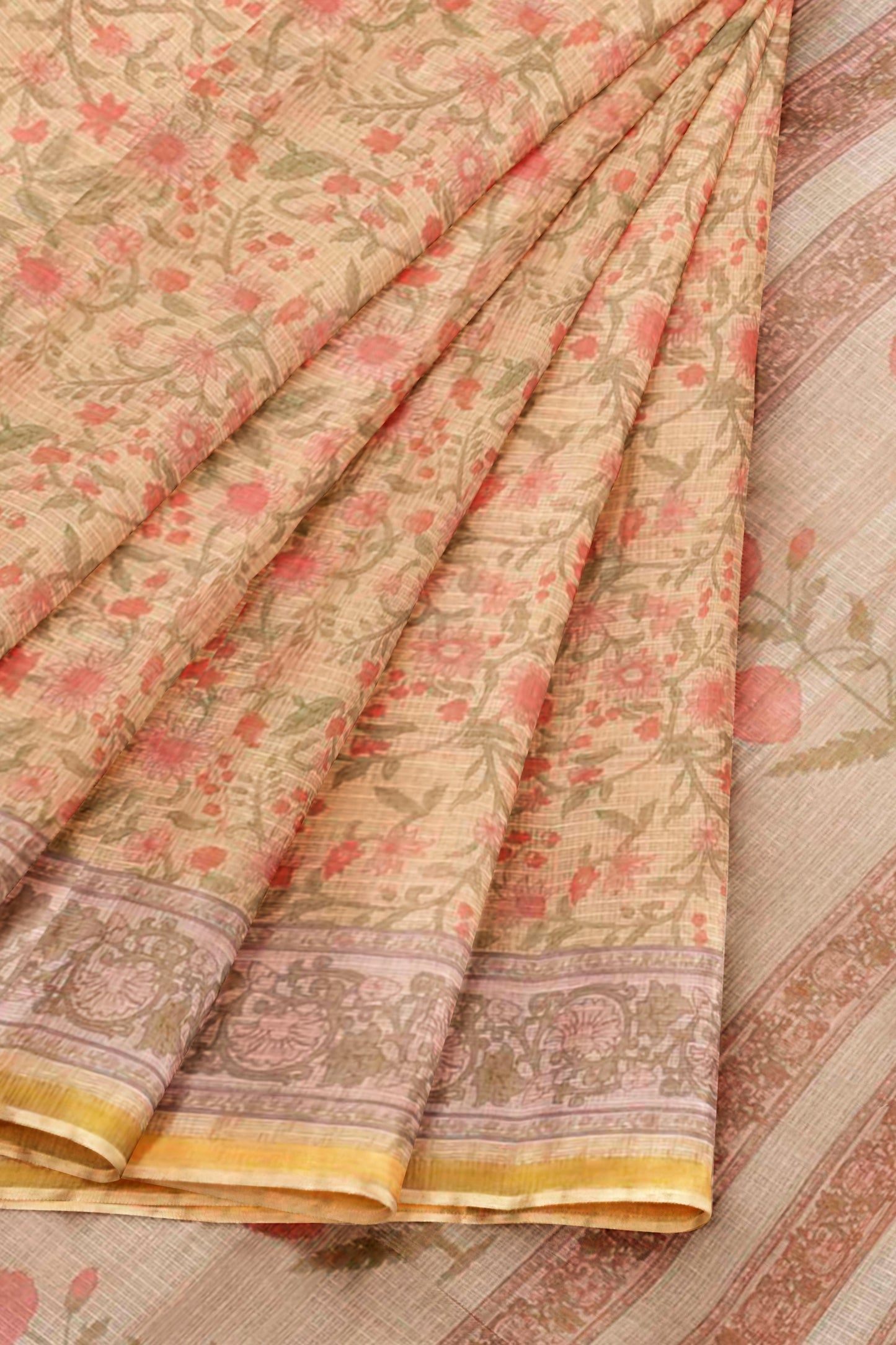 Pastel Yellow Summer Fresh Florals Printed Cotton Zari Border Self Checks Saree