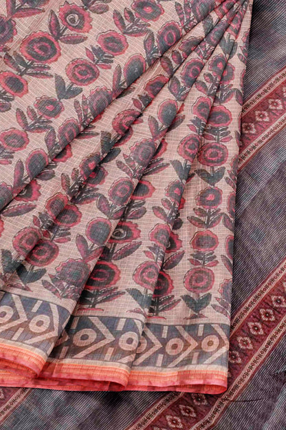 Mild Brown Jaipur Inspired Florals Printed Cotton Self Checks Saree