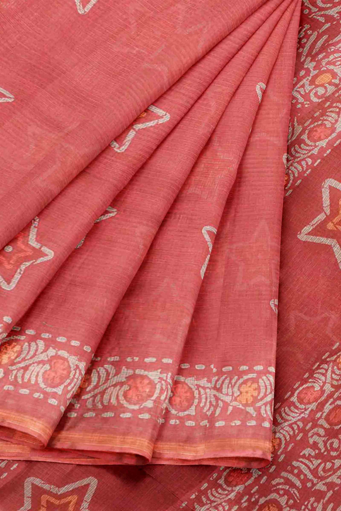 Mild Red Printed Cotton Star Prints Self Checks Saree