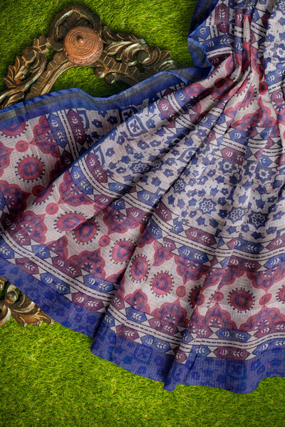 Off White Printed Cotton Floral Butta Self Checks Zari Border Saree