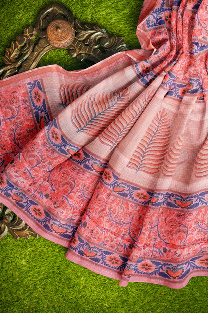 Pastel Peach Block Print Inspired Cotton Self Checks Zari Border Saree