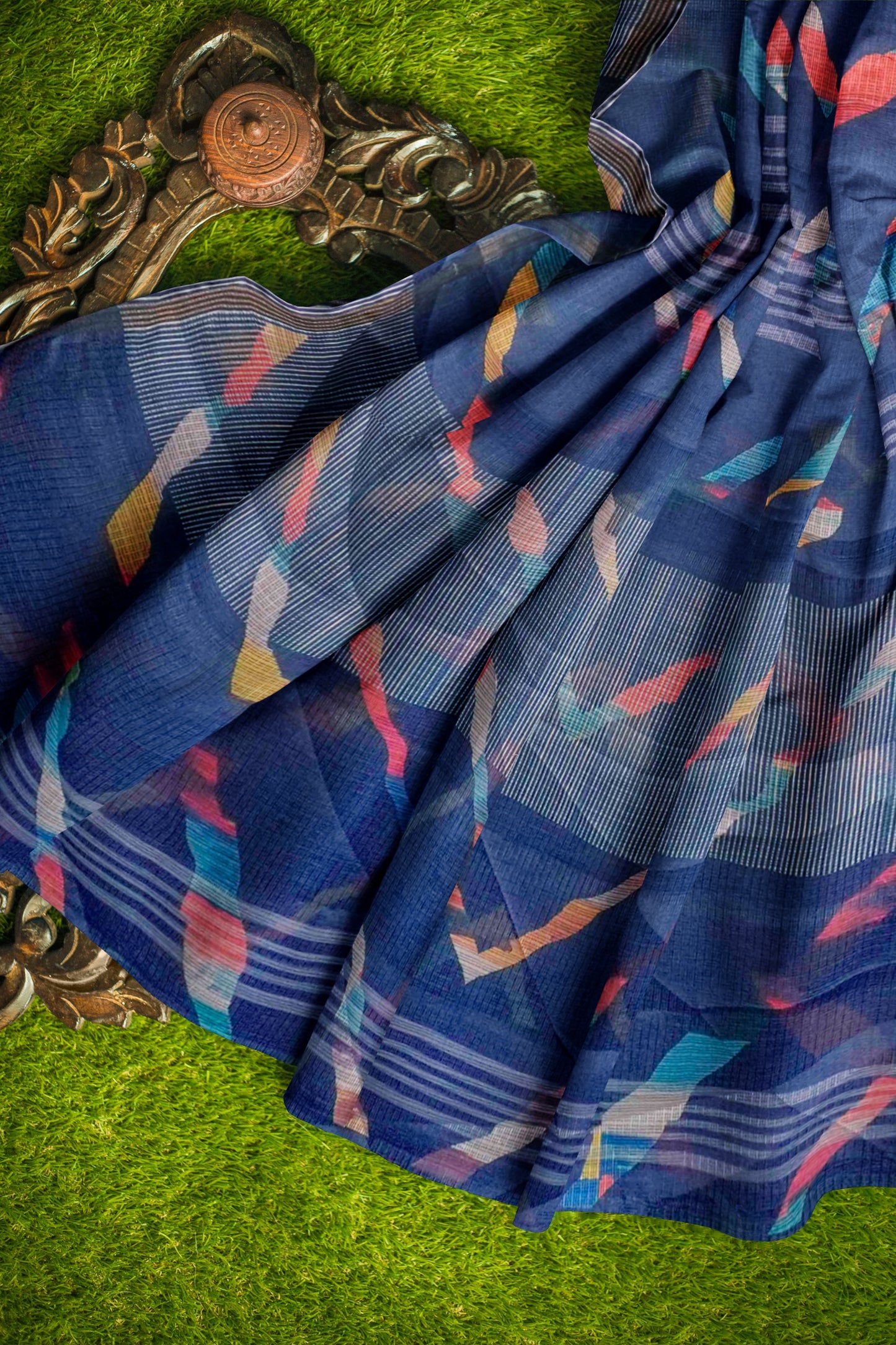 Blue Printed Cotton Leheriya Inspired ZigZag Self Checks Saree