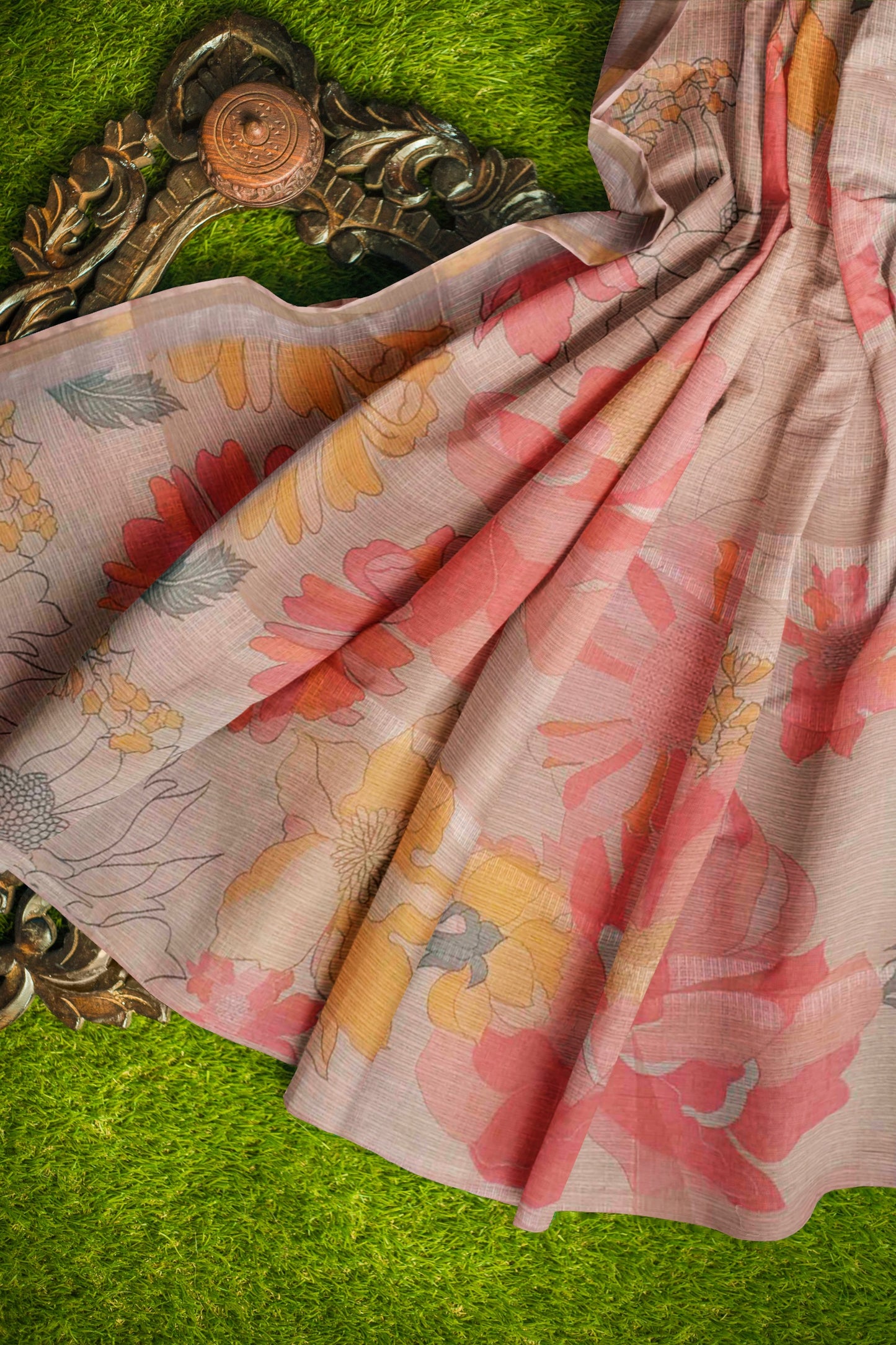 Golden Yellow Spring Florals Printed Cotton Self Checks Saree