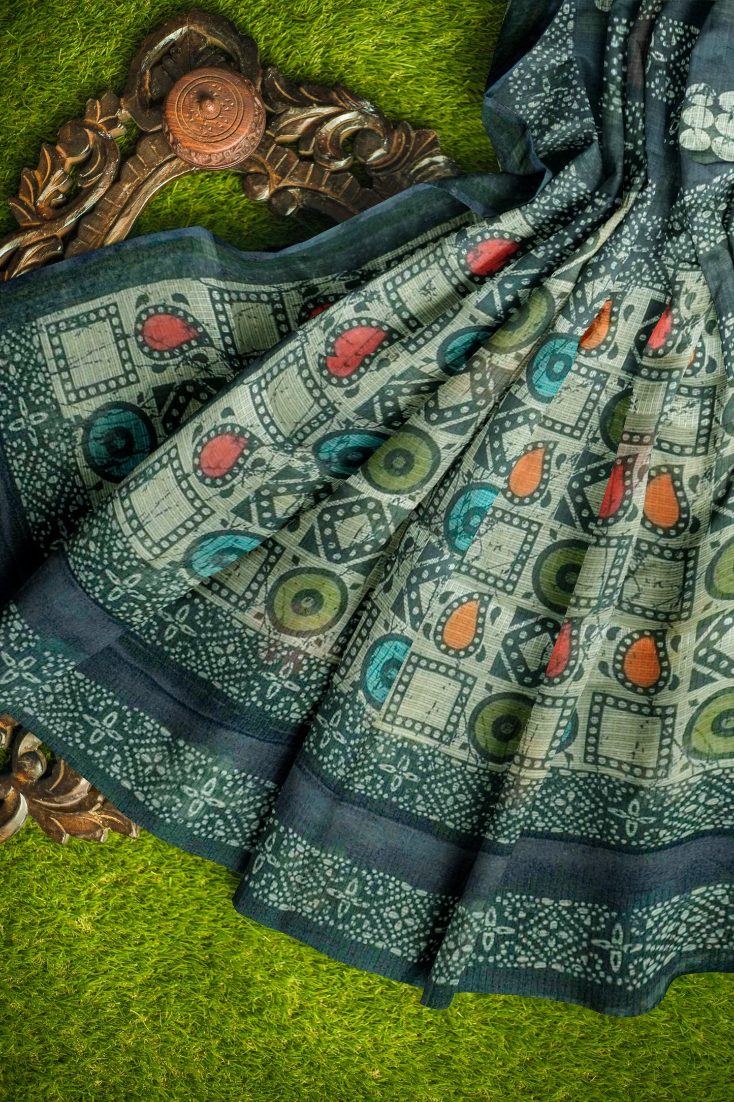 Blue Green Printed Cotton Polka Self Checks Zari Border Saree