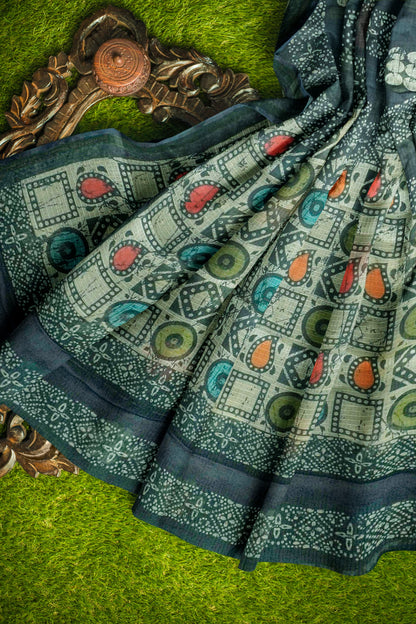 Blue Green Printed Cotton Polka Self Checks Zari Border Saree