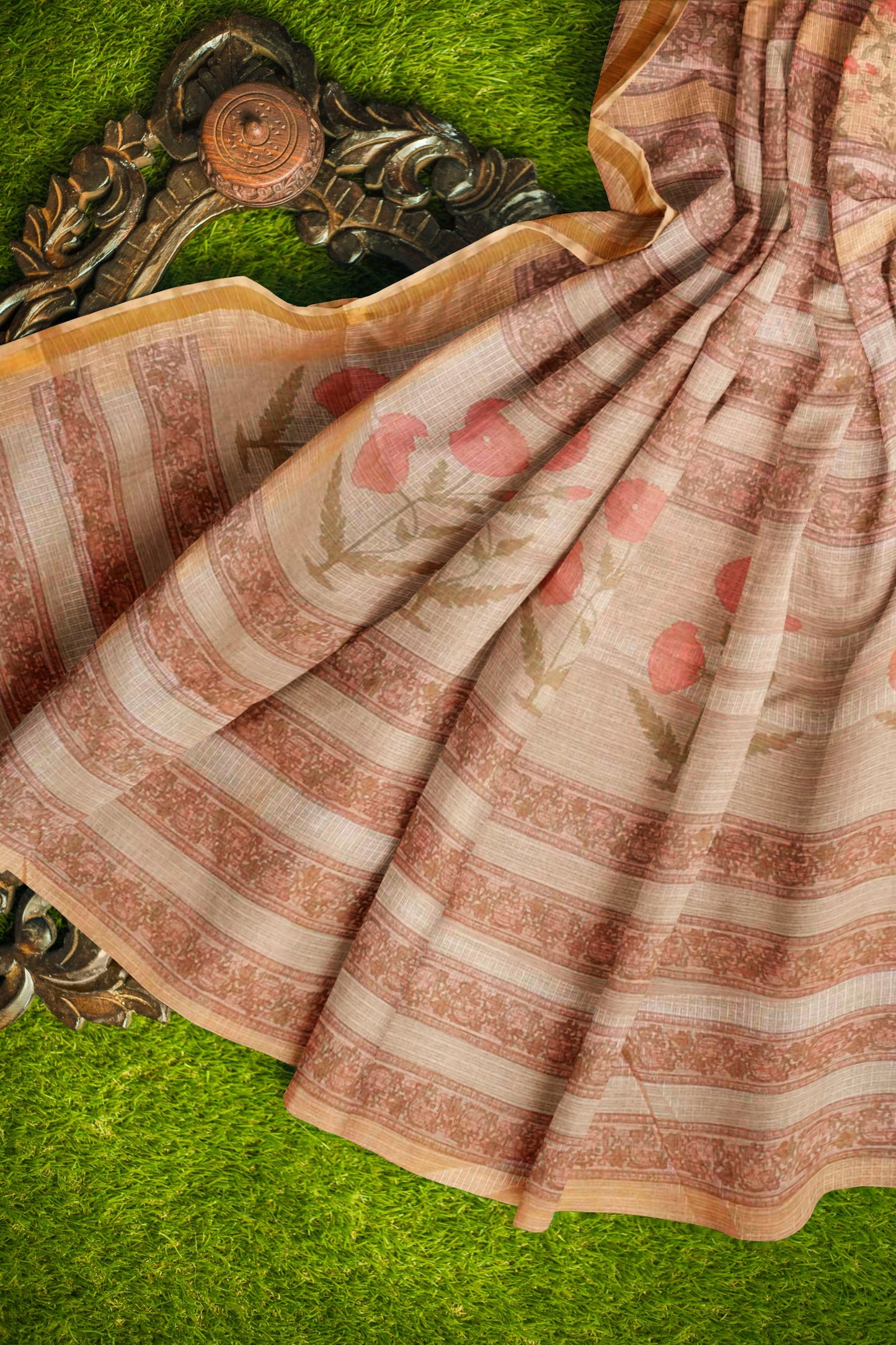 Pastel Yellow Summer Fresh Florals Printed Cotton Zari Border Self Checks Saree