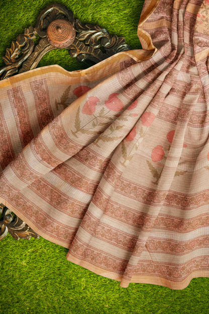 Pastel Yellow Summer Fresh Florals Printed Cotton Zari Border Self Checks Saree