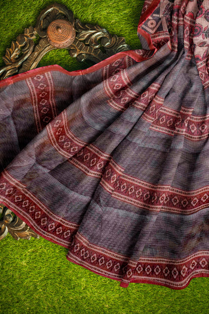 Mild Brown Jaipur Inspired Florals Printed Cotton Self Checks Saree