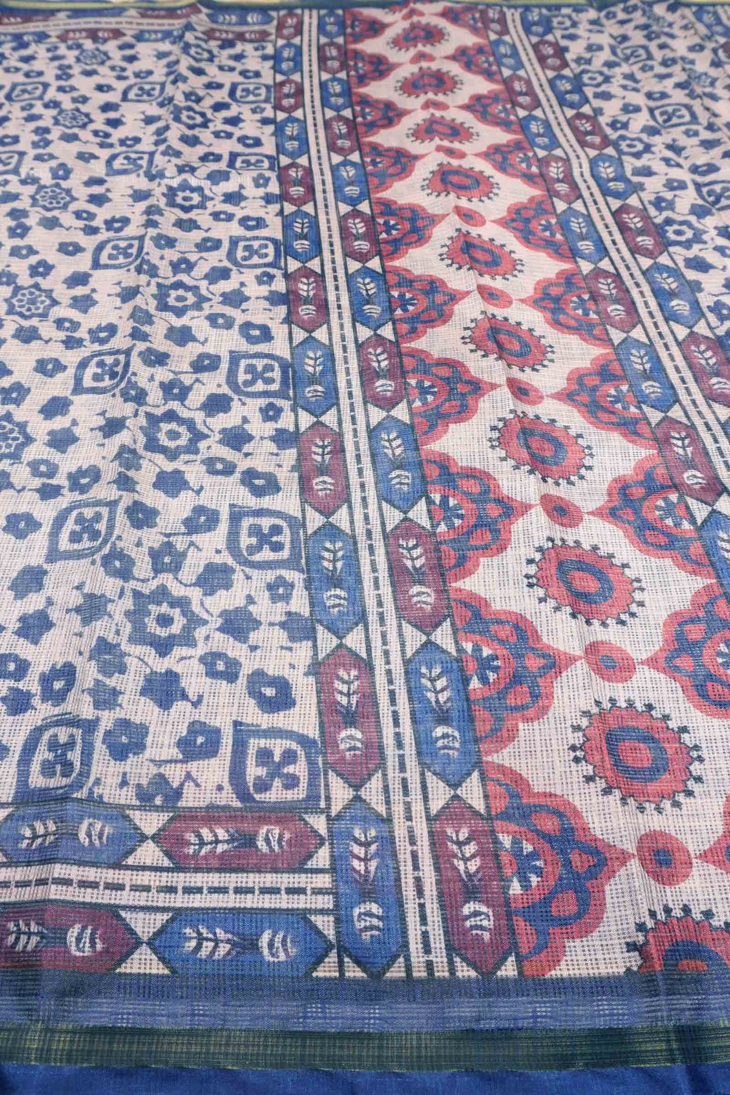 Off White Printed Cotton Floral Butta Self Checks Zari Border Saree