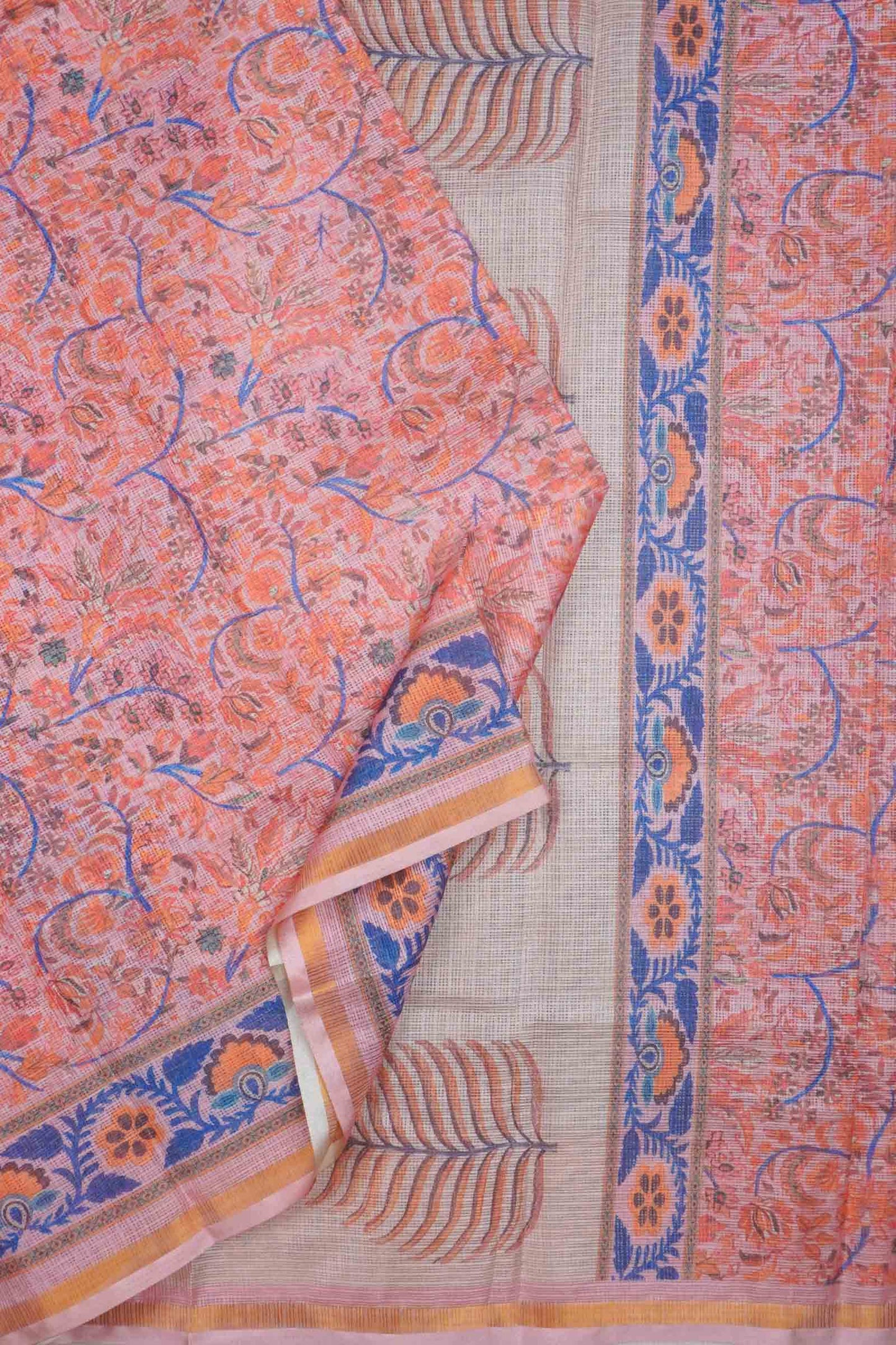 Pastel Peach Block Print Inspired Cotton Self Checks Zari Border Saree