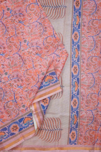 Pastel Peach Block Print Inspired Cotton Self Checks Zari Border Saree