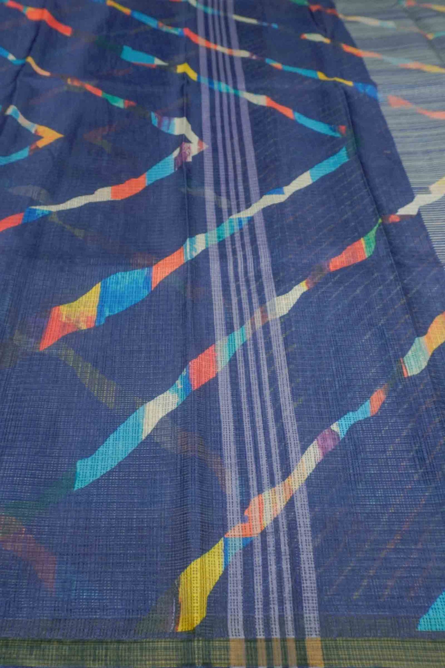 Blue Printed Cotton Leheriya Inspired ZigZag Self Checks Saree