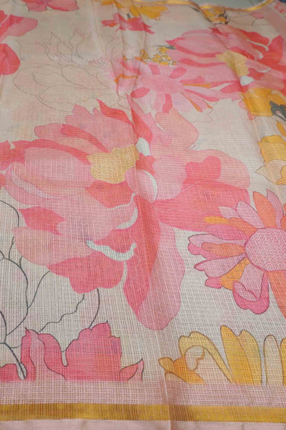 Golden Yellow Spring Florals Printed Cotton Self Checks Saree