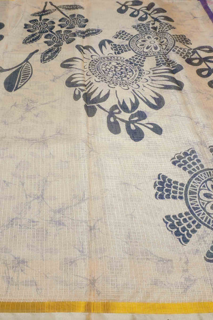 Violet Ivory Half And Half Printed Cotton Self Checks Zari Border Saree