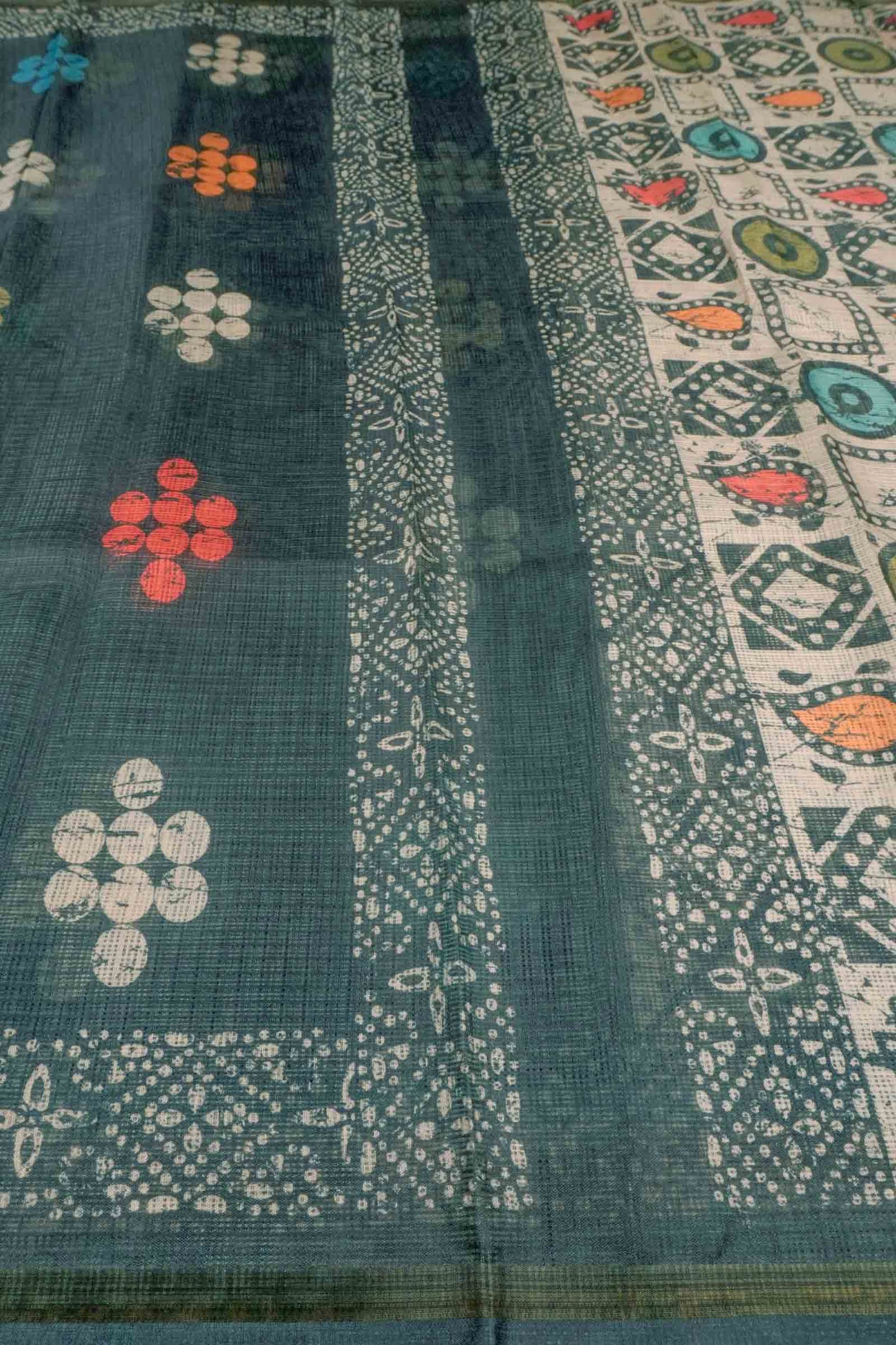 Blue Green Printed Cotton Polka Self Checks Zari Border Saree