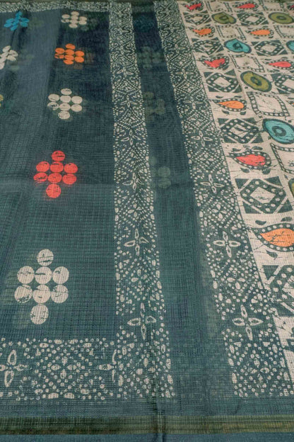 Blue Green Printed Cotton Polka Self Checks Zari Border Saree