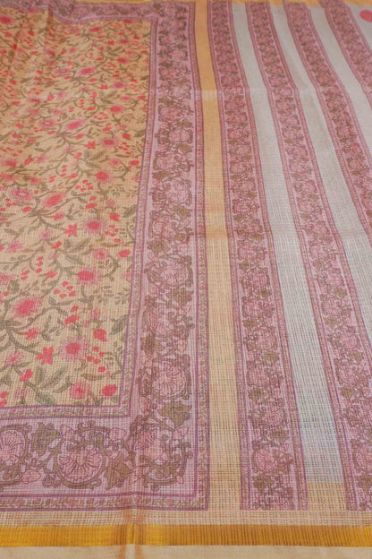 Pastel Yellow Summer Fresh Florals Printed Cotton Zari Border Self Checks Saree