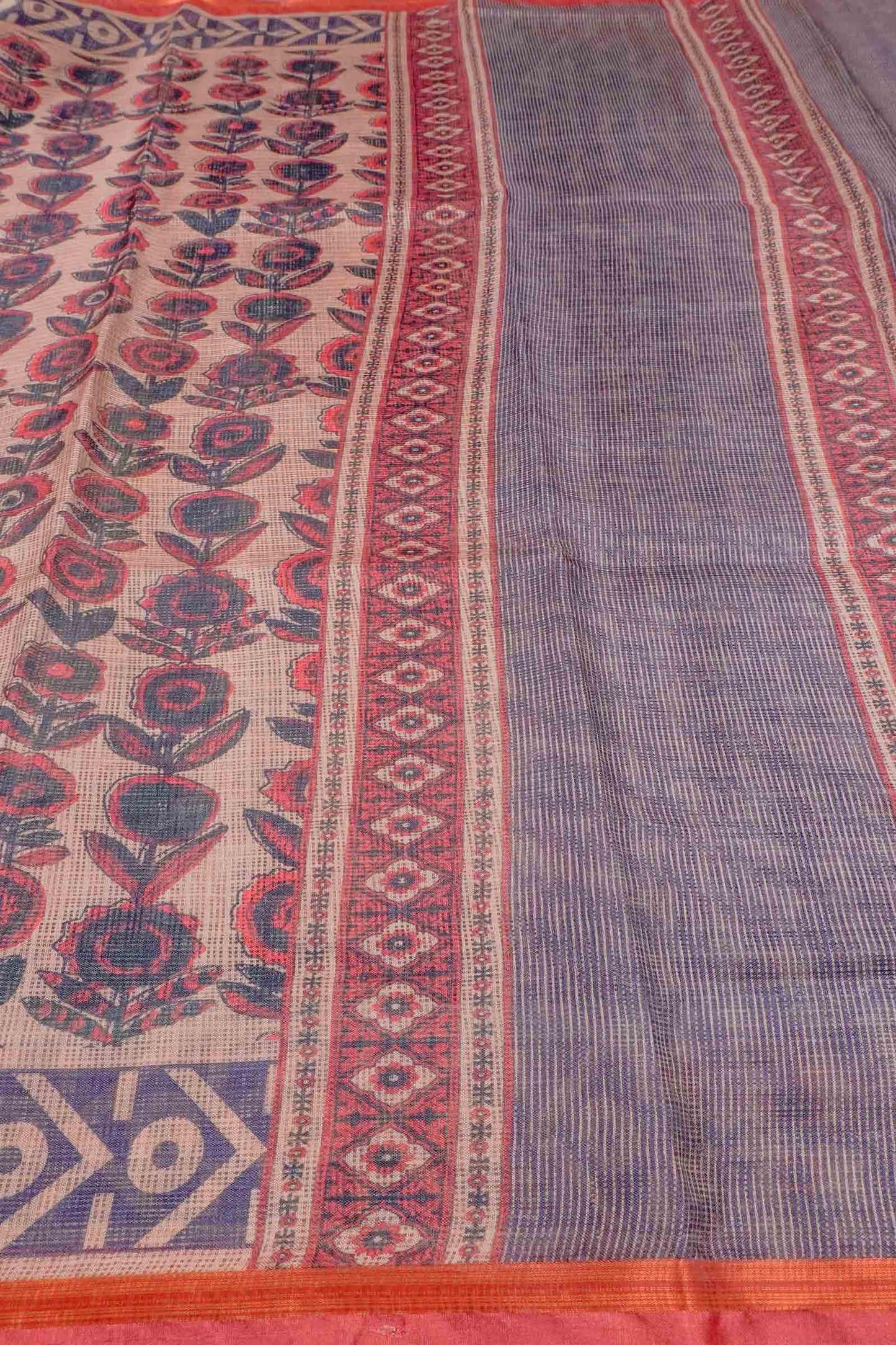 Mild Brown Jaipur Inspired Florals Printed Cotton Self Checks Saree