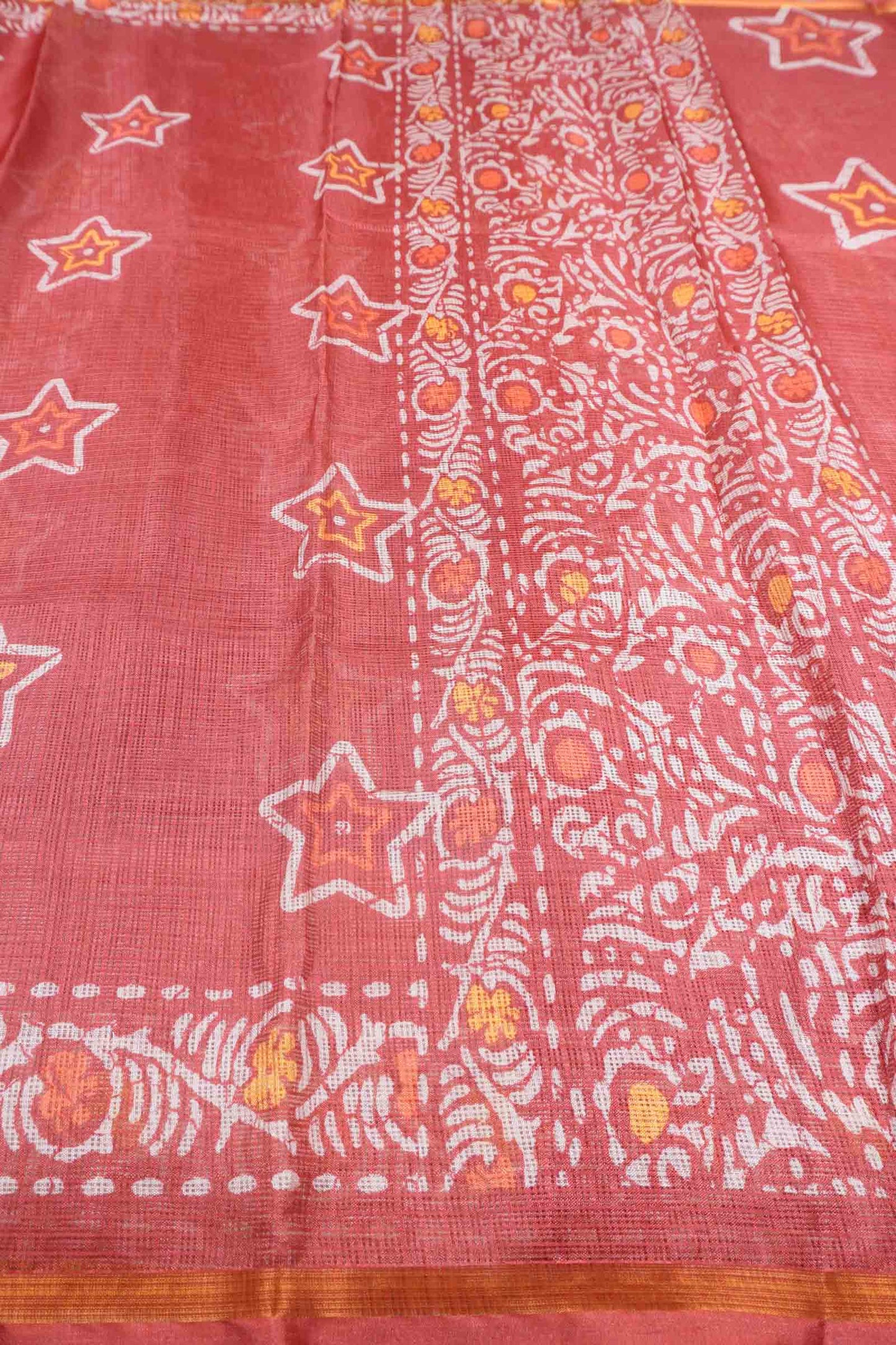 Mild Red Printed Cotton Star Prints Self Checks Saree
