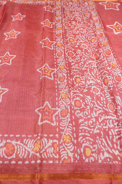 Mild Red Printed Cotton Star Prints Self Checks Saree