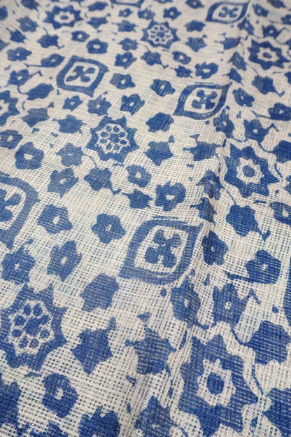 Off White Printed Cotton Floral Butta Self Checks Zari Border Saree