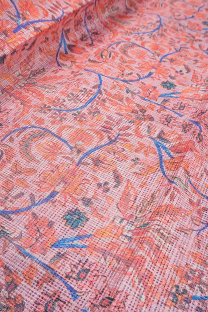 Pastel Peach Block Print Inspired Cotton Self Checks Zari Border Saree