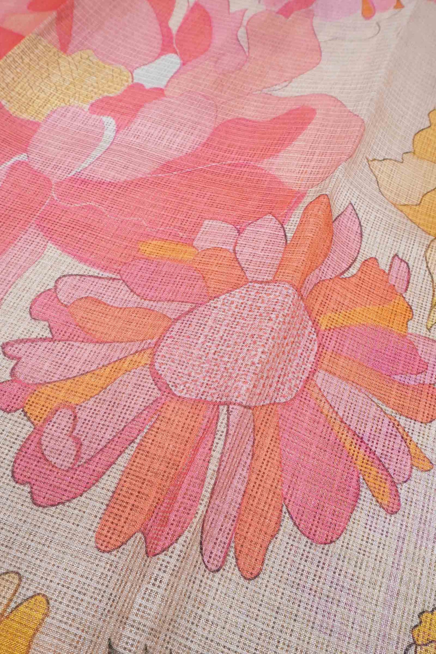 Golden Yellow Spring Florals Printed Cotton Self Checks Saree