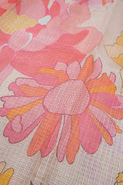 Golden Yellow Spring Florals Printed Cotton Self Checks Saree