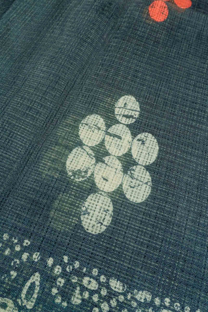 Blue Green Printed Cotton Polka Self Checks Zari Border Saree