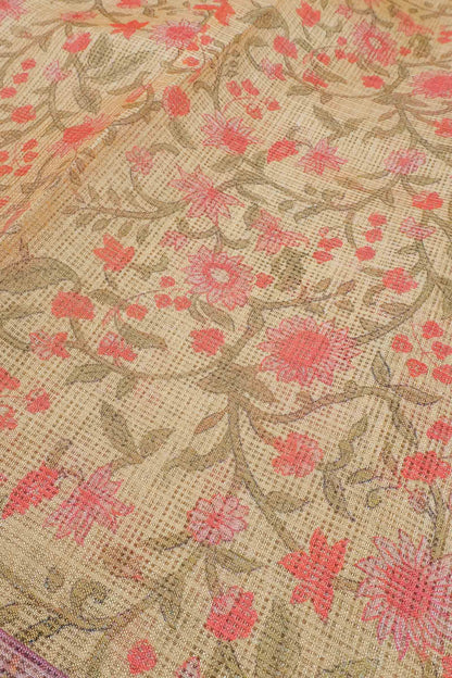 Pastel Yellow Summer Fresh Florals Printed Cotton Zari Border Self Checks Saree