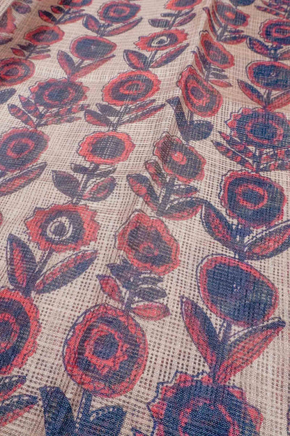 Mild Brown Jaipur Inspired Florals Printed Cotton Self Checks Saree